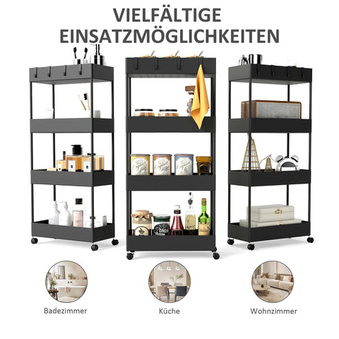 Rootz Black Kitchen Cart - Niche Car - Mobile Trolley - Space-Saving Storage - 40cm x 19cm x 90cm with Hooks & Wheels