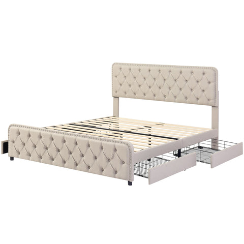 Rootz Upholstered Bed - Adjustable Headboard - Storage Bed Frame - Linen Fabric - 211.5cm x 180cm x 96.5-108.5cm
