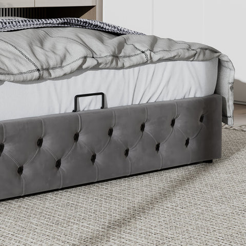 Rootz Upholstered Bed with Hydraulic Storage - Chesterfield Bed - Velvet Bed - Max Storage - 209cm x 149.5cm x 94.5cm - Gray