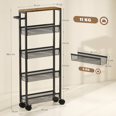 Rootz Kitchen Trolley - Serving Cart - Mobile Organizer - Space-Saving Storage - 5-Tier, Worktop, Wheels, Black and Brown, 47 x 13 x 96.5 cm