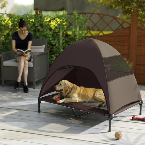 Rootz Elevated Outdoor Dog Bed - Pet Shelter - Raised Canopy - Sun Protection - 106 x 76 x 99 cm - Brown