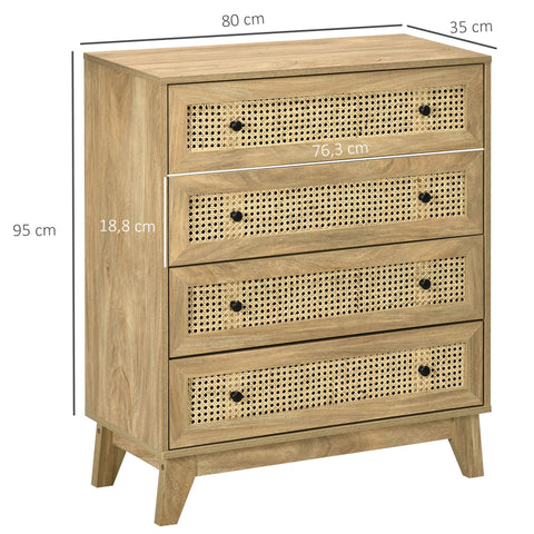 Rootz 4 Drawer Chest of Drawers - Storage Furniture - Rattan Front - Elegant Light Wood - 80cm x 35cm x 95cm