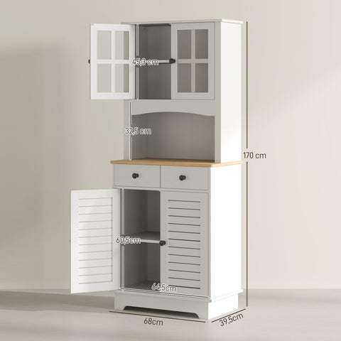 Rootz Kitchen Cabinet with Glass Doors - Dish Storage - Dining Room Cabinet - Ample Storage - 68 x 39.5 x 170 cm, White-Brown