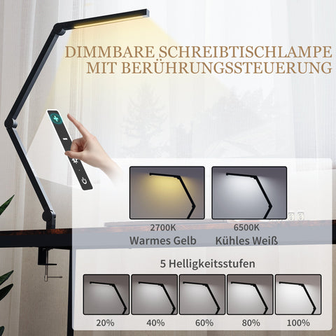 Rootz Desk Lamp - Adjustable Brightness Light - Metal Clamp Task Light - Eye Comfort - 121.5 x 3.8 x 5.5cm - Black - 96 LEDs