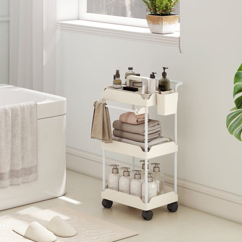 Rootz Storage Trolley White – Organizer Cart – Rolling Utility Trolley – Space-Saving, Stable Metal Frame – 3 Baskets, Towel Rack, 42x42.5x76cm