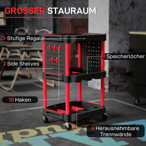 Rootz Tool Car - Mobile Utility Cart - Rolling Storage Trolley - Easy Maneuverability - 56.5cm x 47.5cm x 89cm