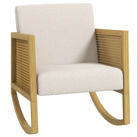 Rootz Boho Rocking Chair - Recliner - Glider - Soft Padding - Natural Rattan Decor - 60cm x 76cm x 74cm - Rubber Wood Frame - Cream
