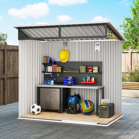 Rootz Garden Shed - Tool Shed - Equipment House - Waterproof Steel - Weatherproof - 1.95m x 1.22m x 1.59/1.82m - Grey