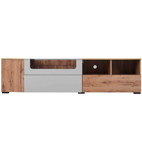 Rootz TV Cabinet - Entertainment Center - Media Stand - Ample Storage - 190cm x 40cm x 48cm - LED Lights - Glass Top - Rustic Modern Design