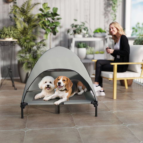 Rootz Outdoor Elevated Dog Bed with Canopy - Raised Pet Lounger - Sun Protection - Grey - 91cm x 76cm x 90cm