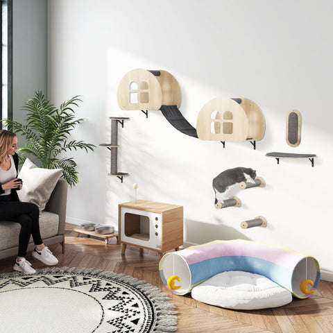 Rootz 7-Part Cat Climbing Wall Set - Cat Wall Stairs - Cat Scratch Tree - Space-Saving Design - 171cm x 36.5cm x 43cm - Grey and Brown