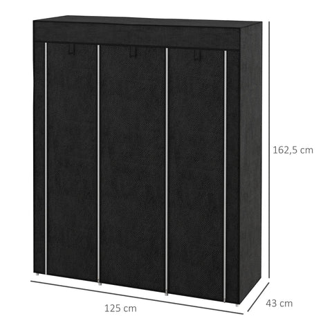 Rootz Stoffen Kast - Opbergoplossing - 8 Planken - 2 Kledingroedes - Niet-geweven Stof - Zwart - 125cm x 43cm x 162,5cm