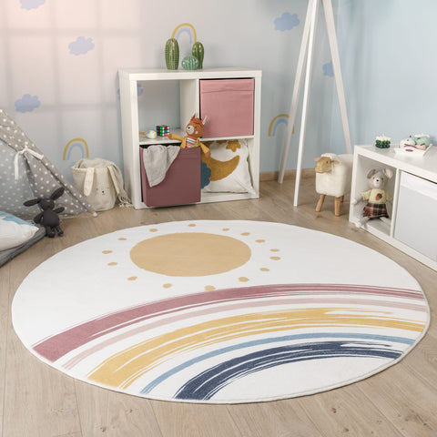 Round Rainbow Kids Rug – Soft, Durable & Washable – Playroom Adventure Mat