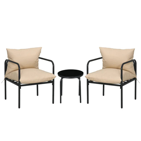 Rootz Garden Furniture Sets - Outdoor Seating Group - 3 Parts - Back Cushions - 2 Chairs - Table - Glass Top - Seat Cushions - Metal Frame - Tempered Glass - Polyester - Beige - 53W x 55Tcm
