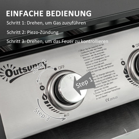 Rootz Gas Grill with Lid - BBQ Grill - Outdoor Cooking Station - 3 Burners - Fat Drip Tray - Non-Stick Plate - 63x47x25 cm - Black/Silver