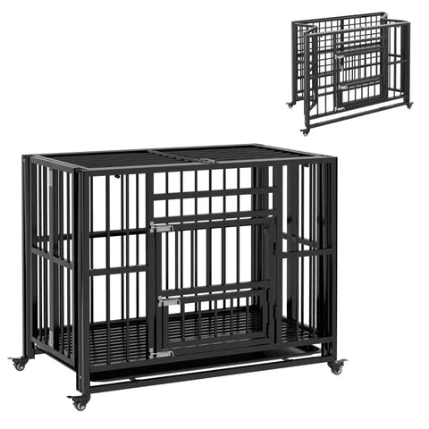 Rootz Dog Crate - Heavy Duty Dog Cage - Including Base Tray - Lock - Universal Wheels - Removable Tray - Black - 94 cm x 58 cm x 78 cm