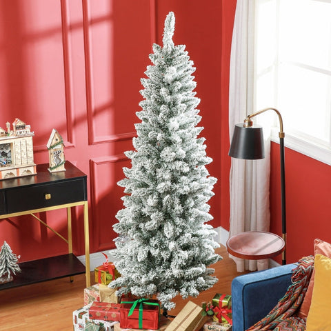 Rootz Snow Flocked Christmas Tree - Artificial Tree - Slim Fir - Flame Retardant - Steel Base - Ø65cm x 180cmHeight