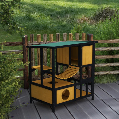 Rootz Cat House - Weather Resistant - Cat Cave - 1 Ramp - 1 Platform - Wooden Frame Construction - Pine Wood-fir Wood - Black-Yellow-Green - 84.5L x 60W x 88H cm