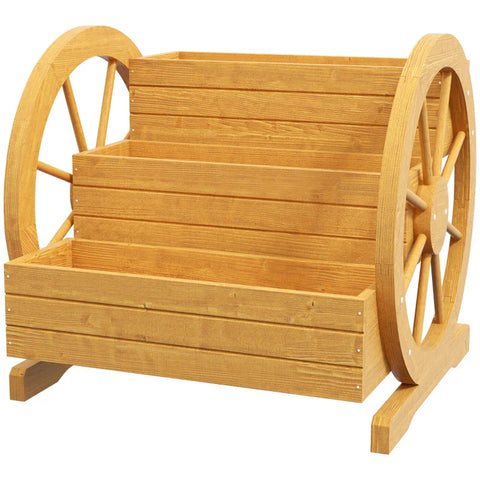 Rootz Raised Bed - 3 Tier Garden Bed - Wagon Wheel Decor - Drainage Holes - Fir Wood - Natural Wood - Teak - 62 x 61 x 57 cm