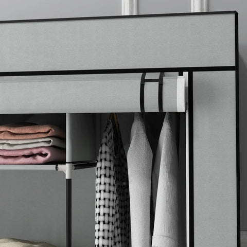 Rootz Wardrobe - Fabric Cabinet - Doors - 2 Clothes Rails - 10 Compartments - Vilesstoff - Steel - Gray - 166L x 42.5W x 169.5H cm
