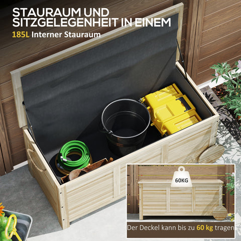 Rootz 185L Outdoor Storage Box - Weather-Resistant Organizer - Wooden Chest - Seating Option - 110 x 50 x 50 cm