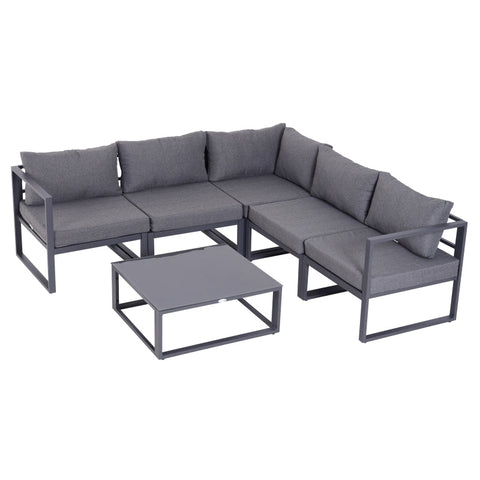 Rootz 6 Piece Garden Set - Outdoor Lounge Set - Patio Furniture - Durable Aluminum Frames - Weather-Resistant Cushions - Tempered Glass Table - Middle Chair: 65cm x 65cm x 63cm - Corner Chair: 65cm x 65cm x 63cm - Coffee Table: 75cm x 70cm x 30cm