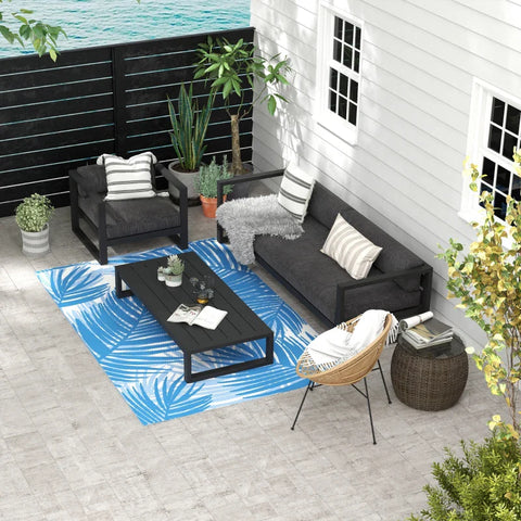 Rootz Outdoor Carpet - Waterproof - Leaf Pattern - 310g/m² Plastic - Non-woven Fabric - Blue-cream - 182x274cm