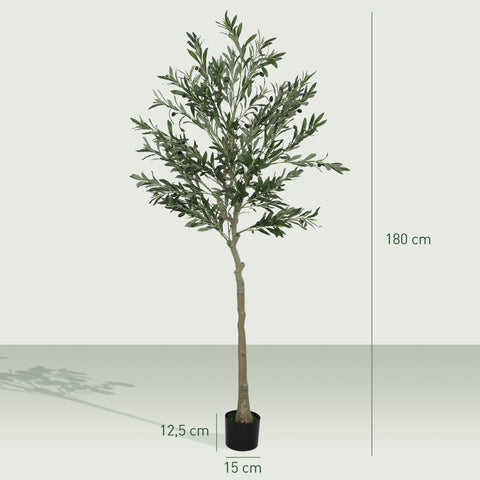 Rootz Decorative Artificial Olive Tree - Faux Plant - Silk Leaves - Low Maintenance - 180cm x Pot: Ø15cm x 12.5cm