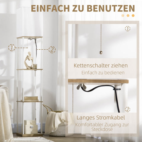 Rootz Column Floor Lamp with Shelves - Modern Standing Lamp - Fabric Shade - Integrated Shelves - Stylish Home Decor - 26cm x 26cm x 159cm