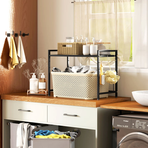 Rootz Microwave Shelf - Kitchen Organizer - Extendable Rack - Space-Saving - Metal - 39.5-64 x 32 x 47.5 cm - Black