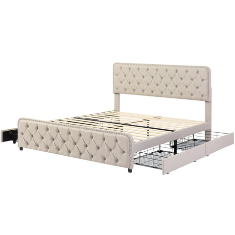 Rootz Upholstered Bed - Height-Adjustable Headboard - Storage Bed - 4 Drawers - Linen - 211.5cm x 160cm x 96.5-108.5cm - Beige