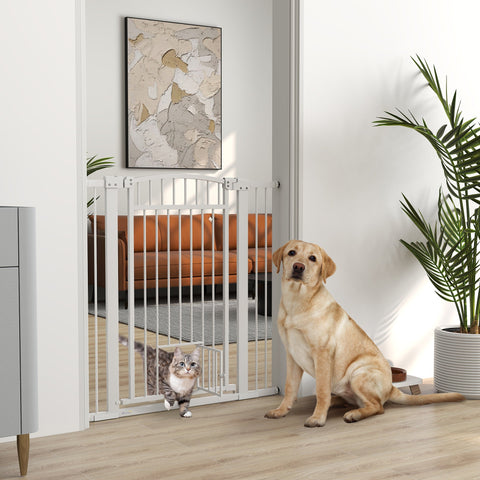 Rootz Pet Protection Fence - Pet Barrier - Safety Gate - Durable Steel - Adjustable Width 76-104cm with Cat Door, White