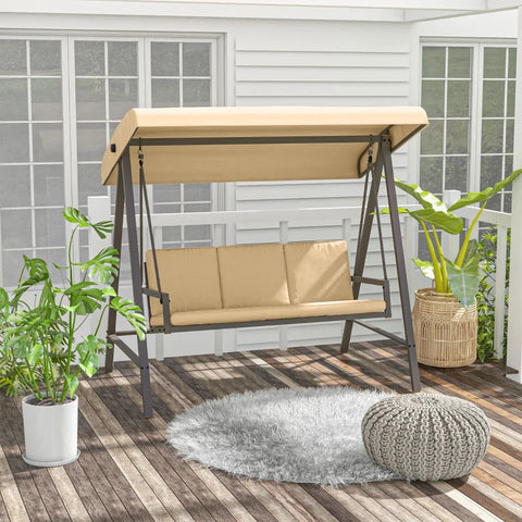 Rootz Garden Swing Chair - Hollywood Swing - Bench Adjustable - Back Cushions - Sun Canopy - Seat Cushion - Steel - Textline - Beige - Brown - 200cm X 125cm X 175cm