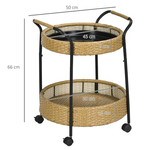 Rootz Outdoor Serving Trolley - 2 Tier Brakes - Polyrattan - Metal Frame - Steel-PE Rattan - Yellow-Black - Φ50 x 66H cm