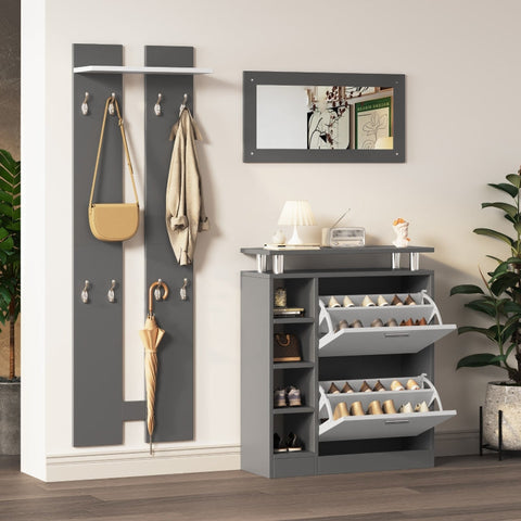 Rootz Wall-Mounted Coat Rack Set - Entrance Organizer - Space-Saving Storage - 80x25x96.5cm Shoe Cabinet - 8 Hooks - Mirror 80x40cm - Anthracite Gray
