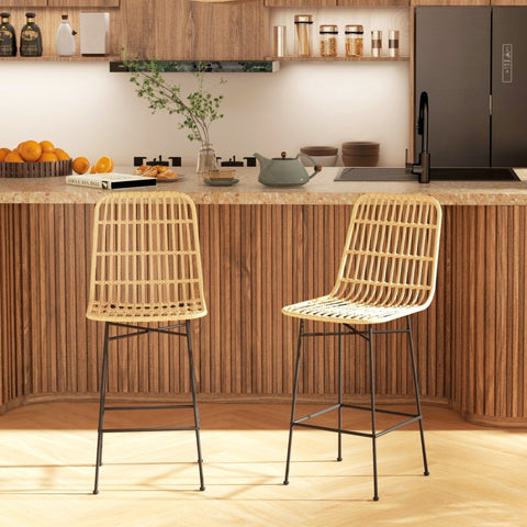 Rootz Set of 2 Boho Bar Stools - Counter Stools - Rattan Wicker Chairs - Breathable Comfort - Sturdy Steel Frame - 45 x 53.5 x 105 cm