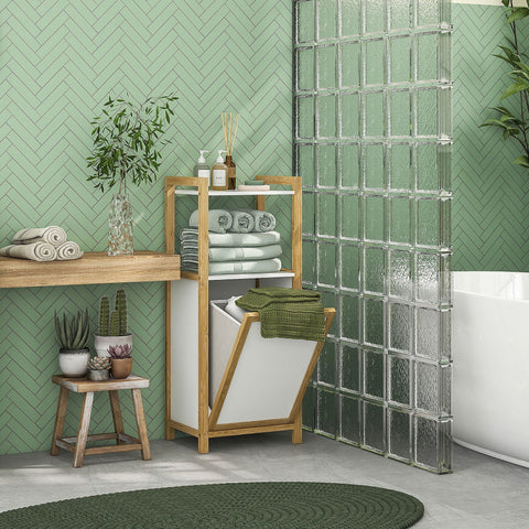 Rootz Bamboo Bathroom Cabinet - Laundry Basket - Floor Cabinet - Space Saving - 2 Shelves - 40L x 30W x 95H cm