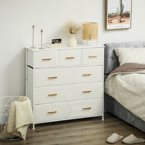 Rootz Fabric Dresser - Storage Chest - 9 Drawer Organizer - Versatile and Elegant - 99cm x 30.5cm x 28cm - Cream White