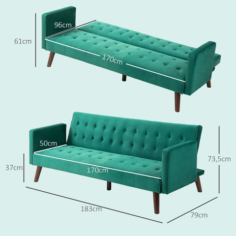 Rootz 3-Seater Sofa Sofa - Elegant Padded Couch - Velvet Sofa Bed - Click-Clack Mechanism - 183cm x 79cm x 73.5cm