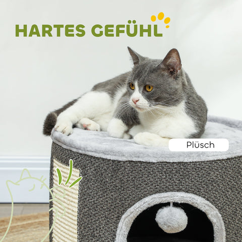 Rootz Cat Cave - 2 Tier Cat House - Plush Cushion - Sisal Scratching - Soft & Cozy Retreat - Ø40 x 30H cm - Grey