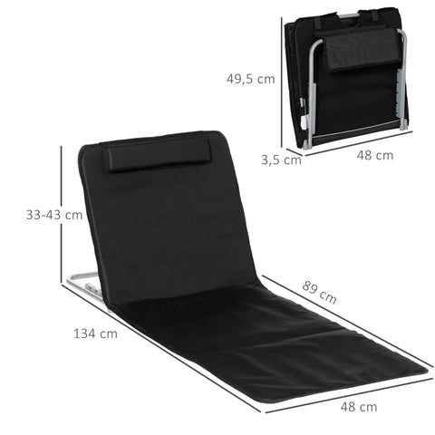 Rootz Beach Lounger - Sun Lounger - Garden Lounger - Folding Adjustable Backrest - Side Pocket - PE Fabric - EPE Wool - Black - 48cm x 134cm x 33-43cm