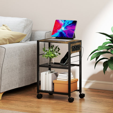 Rootz Printer Rack - Printing Shelf - Mobile Stand - Dual EU Sockets - 42cm x 28.5cm - Holds Up to 40kg - Rustic Brown and Black