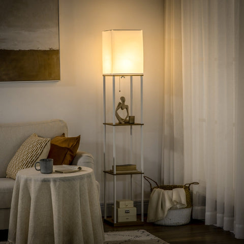 Rootz Column Floor Lamp with Shelves - Modern Standing Lamp - Fabric Shade - Integrated Shelves - Stylish Home Decor - 26cm x 26cm x 159cm