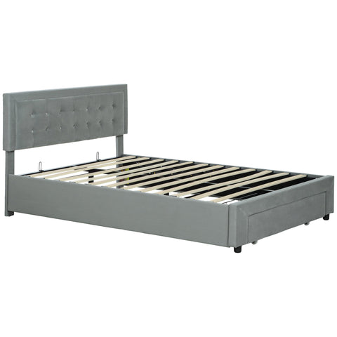 Rootz Double Bed Frame - Velvet Upholstered Bed - Adjustable Headboard - Storage Drawer - Hydraulic Slats - 145cm x 203.5cm x 95-104cm