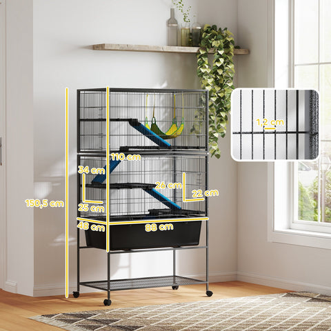 Rootz Small Animal Cage - Pet Cage - Rodent Enclosure - 5 Levels - Non-Slip Ramps - 88x48x150.5cm - Grey