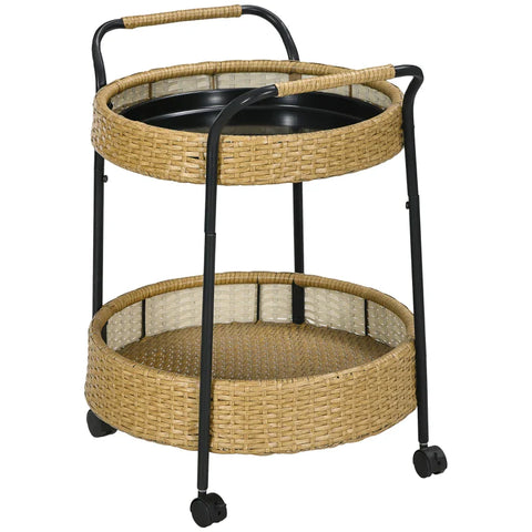 Rootz Outdoor Serving Trolley - 2 Tier Brakes - Polyrattan - Metal Frame - Steel-PE Rattan - Yellow-Black - Φ50 x 66H cm