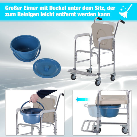Rootz Commode Wheelchair - Commode Chair - Mobility Aid - Shower Chair - Aluminum Frame - 88 x 54 x 94 cm
