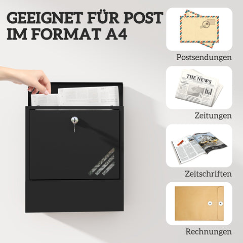Rootz Black Mailbox with Viewing Window - Wall Mountable - Lockable - Rust & Weatherproof - 30cm x 8.5cm x 32.5cm