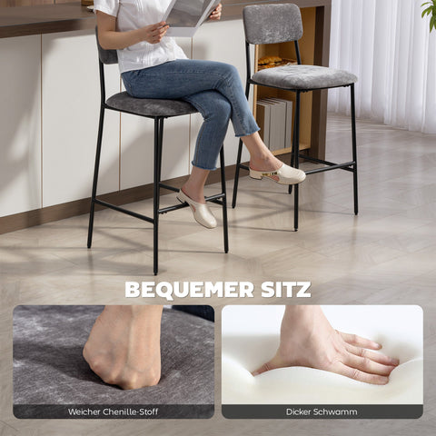 Rootz Set of 2 Bar Chairs – Padded High Chairs – Kitchen Stools – Counter Seating – Ultimate Comfort – 45.5x48x101cm – Grey Fabric, Steel Frame, Ergonomic Backrest