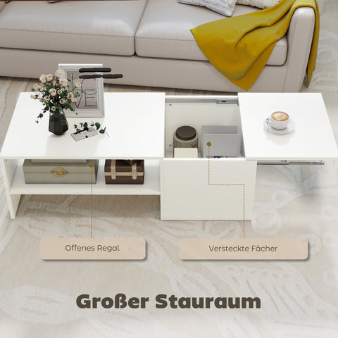 Rootz Adjustable Coffee Table - Lift Top Table - White Storage Table - Sliding Surface, Hidden Storage, Chipboard, Metal Rails, 110x52x36 cm